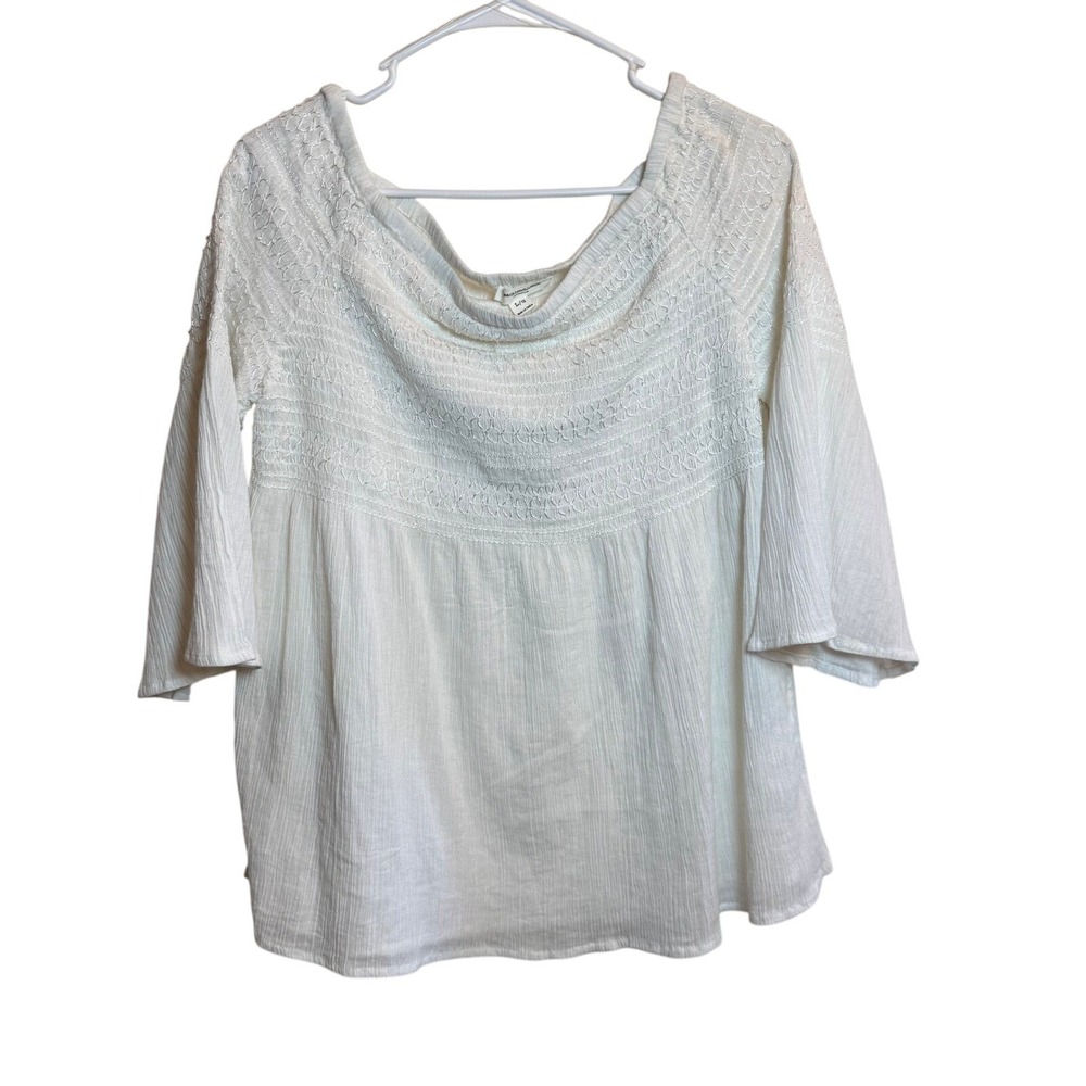 beachlunchlounge Womens Large White Cotton Smocked Boho Bell Sleeve Blouse Top